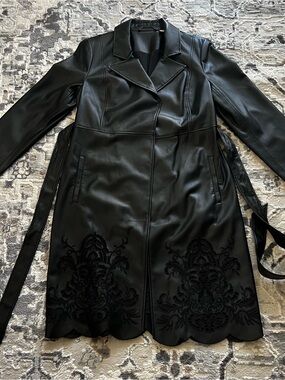 Chicos Women's Black Faux Leather Trench Coat with Scalloped Hem